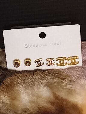 Gold Tone Interlocking Logo Stud Earring Set - Stainless Steel